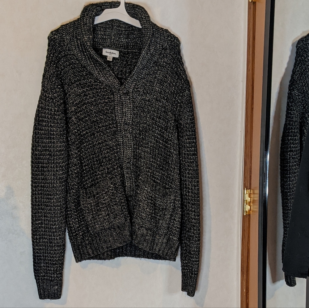 Goodfellow Men's Heavy Knit Button Down Sweater in Black/Heather (L)